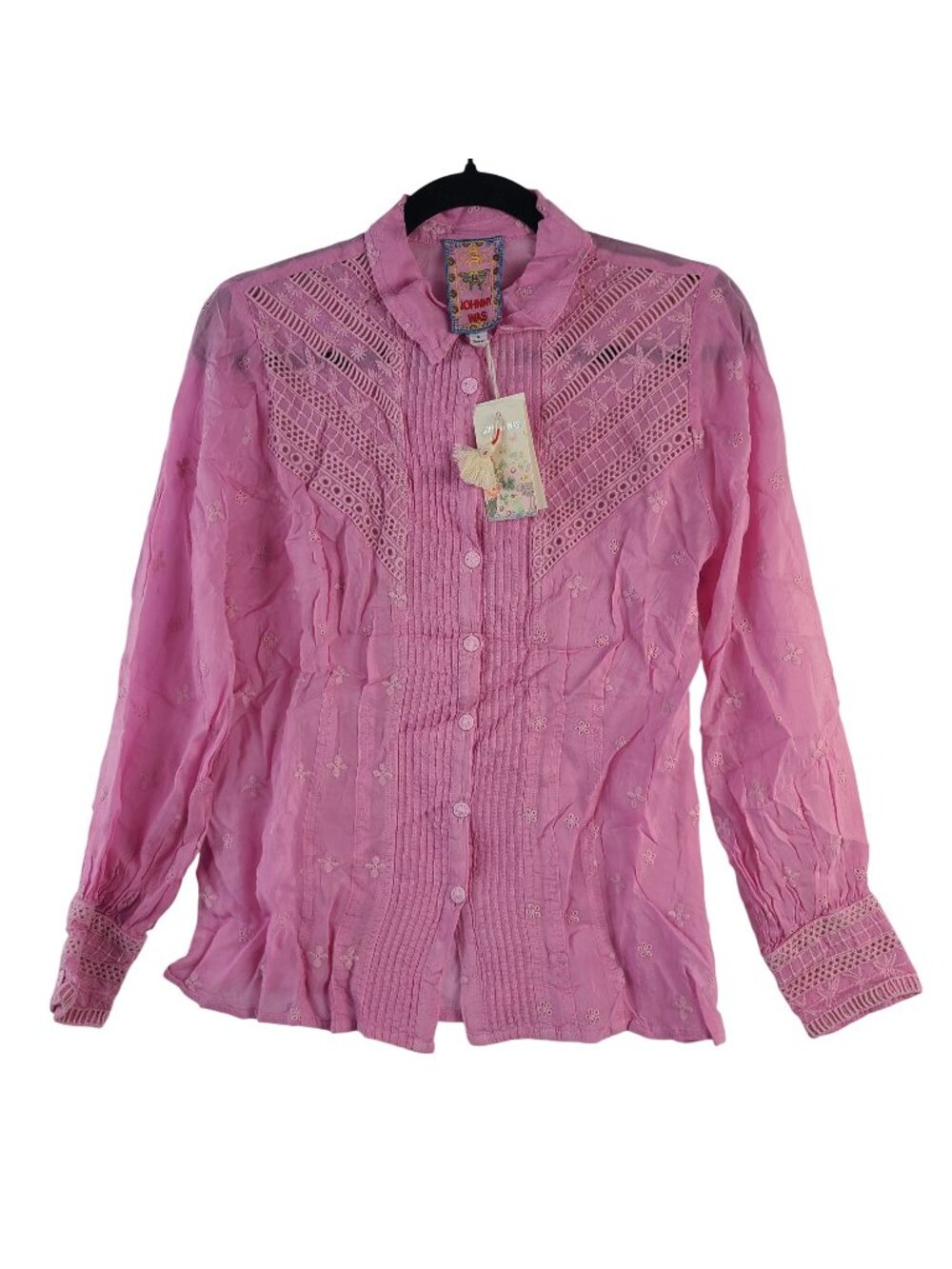 NEW Johnny Was Pink Harlem Button-Up Shirt With Embroidered Detailing Size Small